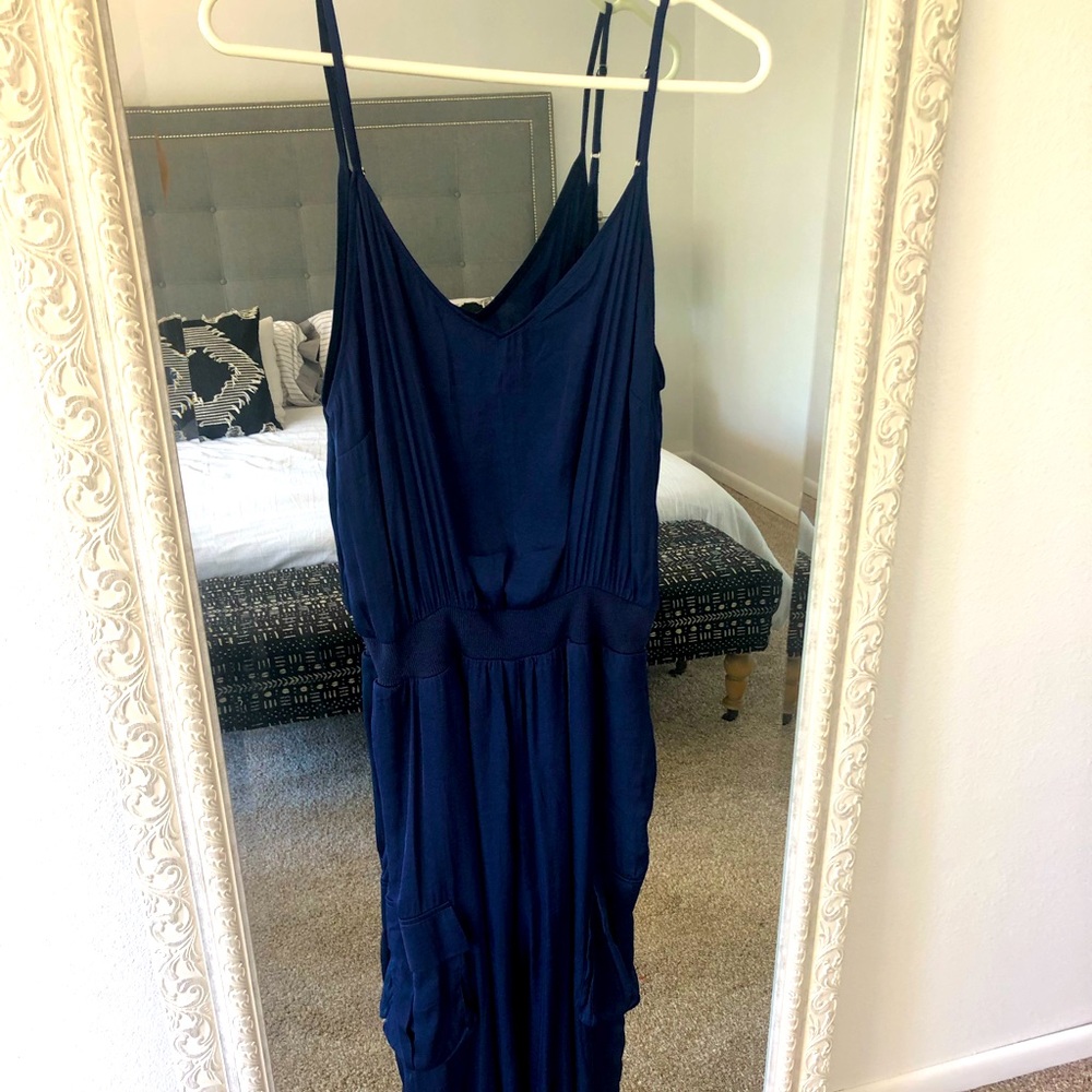 Vici Navy Satin Jogger Jumpsuit